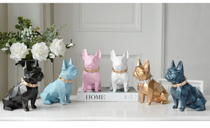 Collage of six images showcasing a French Bulldog themed tabletop organiser statue in different colors including black, sky blue, pink, white gold, and texture blue color