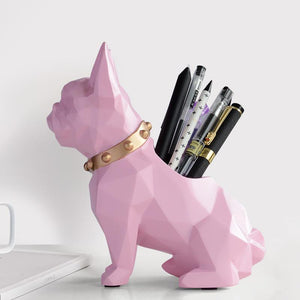 Image of a super-cute French Bulldog themed tabletop organiser statue in pink color