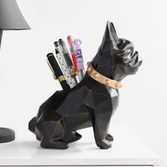Image of a collage of two super-cute French Bulldog themed tabletop organiser statue in black and white color