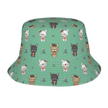 Adorable French Bulldog Flowers And Hearts Bucket Hat Mint Green One Size 360x