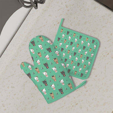 Adorable French Bulldog Flowers and Hearts Oven Mitts and Pot Holder Set-Kitchen Decor-Accessories,Dog Mom Gifts,French Bulldog-1