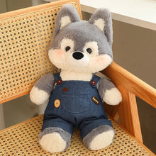 Load image into Gallery viewer, Adorable Husky Plush Toy - Gray &amp; White Husky in Blue Denim Overalls-1