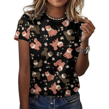 Load image into Gallery viewer, Adorable Shiba Inu with Blossoms Women's Cotton T-Shirt-Apparel-Apparel, Dog Mom Gifts, Shiba Inu, Shirt-Midnight Black-2XS-43