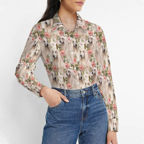 Afghan Hounds in a Floral Symphony Women's Shirt-6