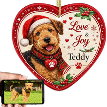 Load image into Gallery viewer, Airedale Terrier Christmas Ornament - Love &amp; Joy Heart Shaped Portrait - Personalize with Photo and Name-Christmas Ornament-Airedale Terrier,Christmas,Christmas Ornament,Personalize Artwork-1