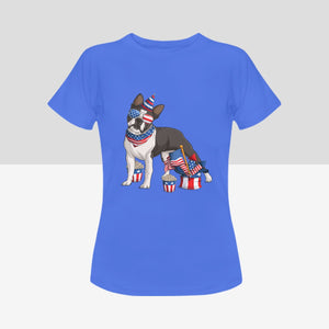 All American Boston Terrier Women's 4th July Cotton T-Shirts - 5 Colors-Apparel-Apparel, Boston Terrier, Shirt, T Shirt-Blue-Small-7