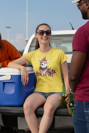 All American Corgi Women's 4th July Cotton T-Shirt-Apparel-Apparel, Corgi, Shirt, T Shirt-Yellow-Small-2