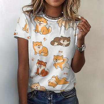 All the Shibas I Love All Over Print Women's Cotton T-Shirt - 4 Colors-Apparel-Apparel, Shiba Inu, Shirt, T Shirt-2XS-WhiteSmoke-1