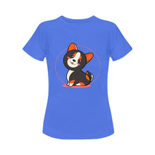 Load image into Gallery viewer, Anime Sunset Corgis Women&#39;s Cotton T-Shirts-Apparel-Apparel, Corgi, Shirt, T Shirt-Black Tricolor-Blue-Small-14