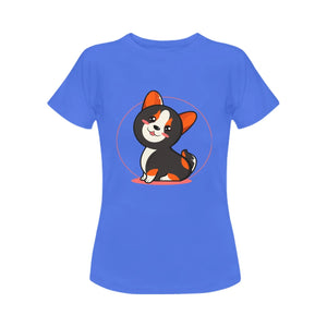 Anime Sunset Corgis Women's Cotton T-Shirts-Apparel-Apparel, Corgi, Shirt, T Shirt-Black Tricolor-Blue-Small-14