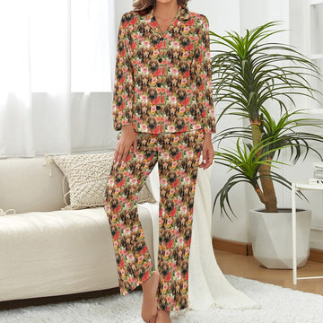 Artistic Flower Garden Chocolate Dachshunds Pajama Set for Women-2