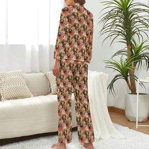 Artistic Flower Garden Chocolate Dachshunds Pajama Set for Women-S-White-1