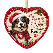 Load image into Gallery viewer, Australian Shepherd Christmas Ornament - Love &amp; Joy Heart Shaped Portrait - Personalized with Name-Christmas Ornament-Australian Shepherd,Christmas,Personalize Artwork-3