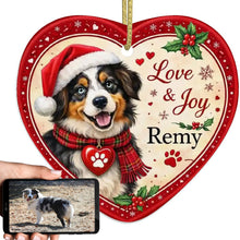 Load image into Gallery viewer, Australian Shepherd Christmas Ornament - Love &amp; Joy Heart Shaped Portrait - Personalized with Name-Christmas Ornament-Australian Shepherd,Christmas,Personalize Artwork-1