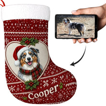 Load image into Gallery viewer, Australian Shepherd Christmas Stocking – Heart Knit Portrait – Personalize with Photo and Name-Christmas Ornament-Australian Shepherd,Christmas,Christmas Stocking,Personalize Artwork-1
