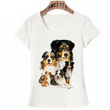 Image of a super cute australian shepherd tshirt featuring five Australian Shepherds