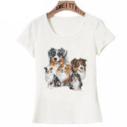 Image of a super cute australian shepherd t-shirt featuring five smiling Australian Shepherds