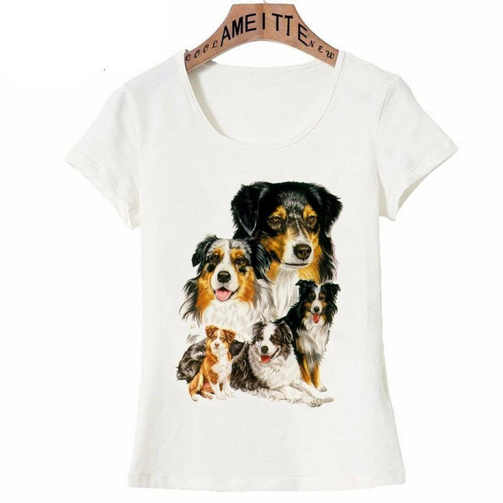 Image of a super cute australian shepherd t-shirt featuring five Australian Shepherds