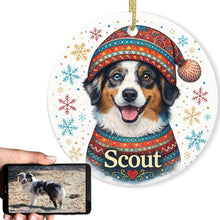 Load image into Gallery viewer, Australian Shepherd Ornament - Christmas Folk Art Design - Personalize with Photo and Name