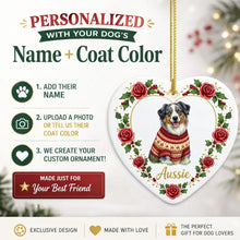 Load image into Gallery viewer, Australian Shepherd Ornament - Personalized Heart Shaped Christmas Rose Border - with Name-Christmas Ornament-Australian Shepherd,Christmas,Personalize Artwork-2