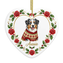 Load image into Gallery viewer, Australian Shepherd Ornament - Personalized Heart Shaped Christmas Rose Border - with Name-Christmas Ornament-Australian Shepherd,Christmas,Personalize Artwork-3