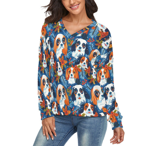 Autumn’s Adornment King Charles Spaniels Women's V-Neck Christmas Sweater-Apparel-Apparel,Cavalier King Charles Spaniel,Christmas,Dog Mom Gifts,Sweater,Sweatshirt-1