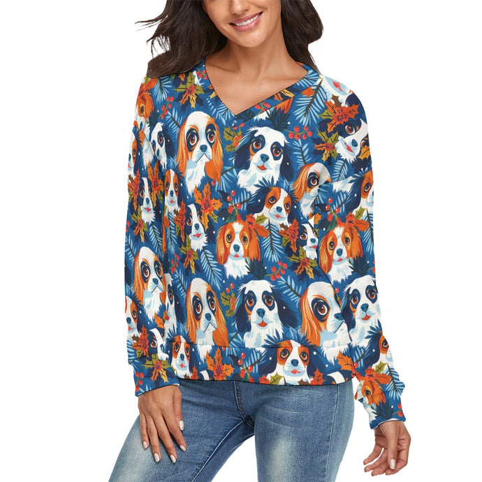 Autumn’s Adornment King Charles Spaniels Women's V-Neck Christmas Sweater-Apparel-Apparel,Cavalier King Charles Spaniel,Christmas,Dog Mom Gifts,Sweater,Sweatshirt-1