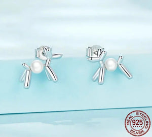 Balloon Poodle with Pearl Silver Stud Earrings-Dog Themed Jewellery-Earrings, Jewellery, Poodle-CQE1542-4