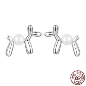 Balloon Poodle with Pearl Silver Stud Earrings-Dog Themed Jewellery-Earrings, Jewellery, Poodle-CQE1542-1