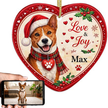 Load image into Gallery viewer, Basenji Christmas Ornament - Love &amp; Joy Heart Shaped Portrait - Personalize with Photo and Name-Christmas Ornament-Basenji,Christmas,Christmas Ornament,Personalize Artwork-1