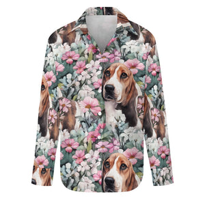 Beagle in a Blossoming Garden of Pink and Green Women's Shirt-S-White-1
