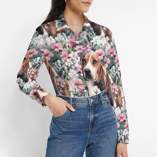Beagle in a Blossoming Garden of Pink and Green Women's Shirt-5
