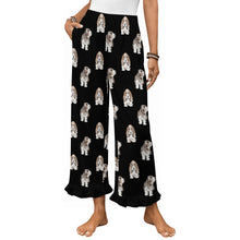 Load image into Gallery viewer, Basset Hound Pajama Pants for Women - Ruffle Hem Design - Watercolor Symphony Basset Hounds-Pajamas-Apparel,Basset Hound,Dog Mom Gifts,Pajamas-Black-S-18