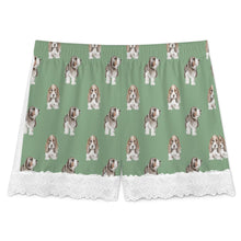 Load image into Gallery viewer, Basset Hound Shorts for Women - Lace Trim Design - Watercolor Tricolor Basset Hound-Pajamas-Apparel,Basset Hound,Dog Mom Gifts,Pajamas-11