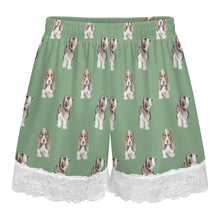 Load image into Gallery viewer, Basset Hound Shorts for Women - Lace Trim Design - Watercolor Tricolor Basset Hound-Pajamas-Apparel,Basset Hound,Dog Mom Gifts,Pajamas-12