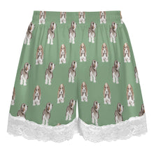 Load image into Gallery viewer, Basset Hound Shorts for Women - Lace Trim Design - Watercolor Tricolor Basset Hound-Pajamas-Apparel,Basset Hound,Dog Mom Gifts,Pajamas-13