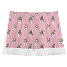 Load image into Gallery viewer, Basset Hound Shorts for Women - Lace Trim Design - Watercolor Tricolor Basset Hound-Pajamas-Apparel,Basset Hound,Dog Mom Gifts,Pajamas-16