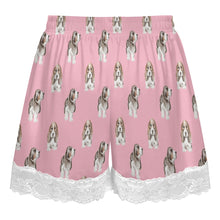 Load image into Gallery viewer, Basset Hound Shorts for Women - Lace Trim Design - Watercolor Tricolor Basset Hound-Pajamas-Apparel,Basset Hound,Dog Mom Gifts,Pajamas-18