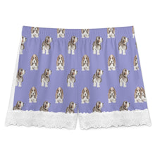 Load image into Gallery viewer, Basset Hound Shorts for Women - Lace Trim Design - Watercolor Tricolor Basset Hound-Pajamas-Apparel,Basset Hound,Dog Mom Gifts,Pajamas-20