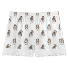 Load image into Gallery viewer, Basset Hound Shorts for Women - Lace Trim Design - Watercolor Tricolor Basset Hound-Pajamas-Apparel,Basset Hound,Dog Mom Gifts,Pajamas-4