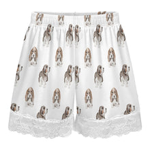 Load image into Gallery viewer, Basset Hound Shorts for Women - Lace Trim Design - Watercolor Tricolor Basset Hound-Pajamas-Apparel,Basset Hound,Dog Mom Gifts,Pajamas-5