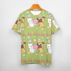 Be Happy Pug Love All Over Print Women's Cotton T-Shirt - 4 Colors-Apparel-Apparel, Pug, Shirt, T Shirt-10