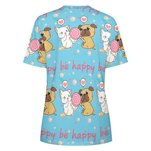 Be Happy Pug Love All Over Print Women's Cotton T-Shirt - 4 Colors-Apparel-Apparel, Pug, Shirt, T Shirt-13