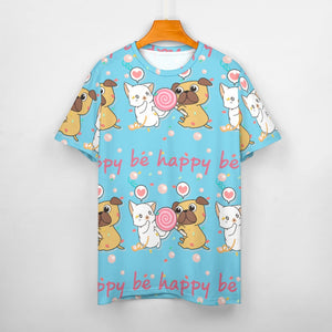 Be Happy Pug Love All Over Print Women's Cotton T-Shirt - 4 Colors-Apparel-Apparel, Pug, Shirt, T Shirt-14