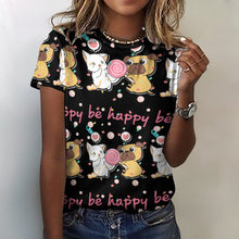 Load image into Gallery viewer, Be Happy Pug Love All Over Print Women&#39;s Cotton T-Shirt - 4 Colors-Apparel-Apparel, Pug, Shirt, T Shirt-2XS-Black-8