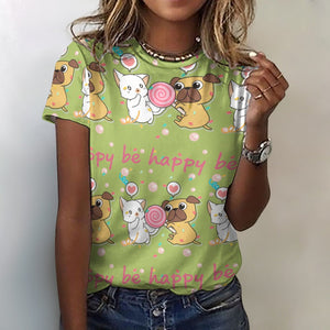 Be Happy Pug Love All Over Print Women's Cotton T-Shirt - 4 Colors-Apparel-Apparel, Pug, Shirt, T Shirt-2XS-DarkKhaki-4