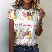Load image into Gallery viewer, Be Happy Pug Love All Over Print Women&#39;s Cotton T-Shirt - 4 Colors-Apparel-Apparel, Pug, Shirt, T Shirt-2XS-White-1