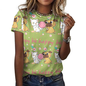 Be Happy Pug Love All Over Print Women's Cotton T-Shirt - 4 Colors-Apparel-Apparel, Pug, Shirt, T Shirt-6