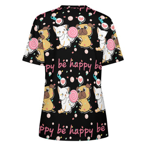 Be Happy Pug Love All Over Print Women's Cotton T-Shirt - 4 Colors-Apparel-Apparel, Pug, Shirt, T Shirt-9