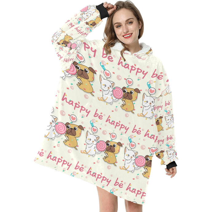 Be Happy Pug Love Blanket Hoodie for Women-Apparel-Apparel, Blankets-11